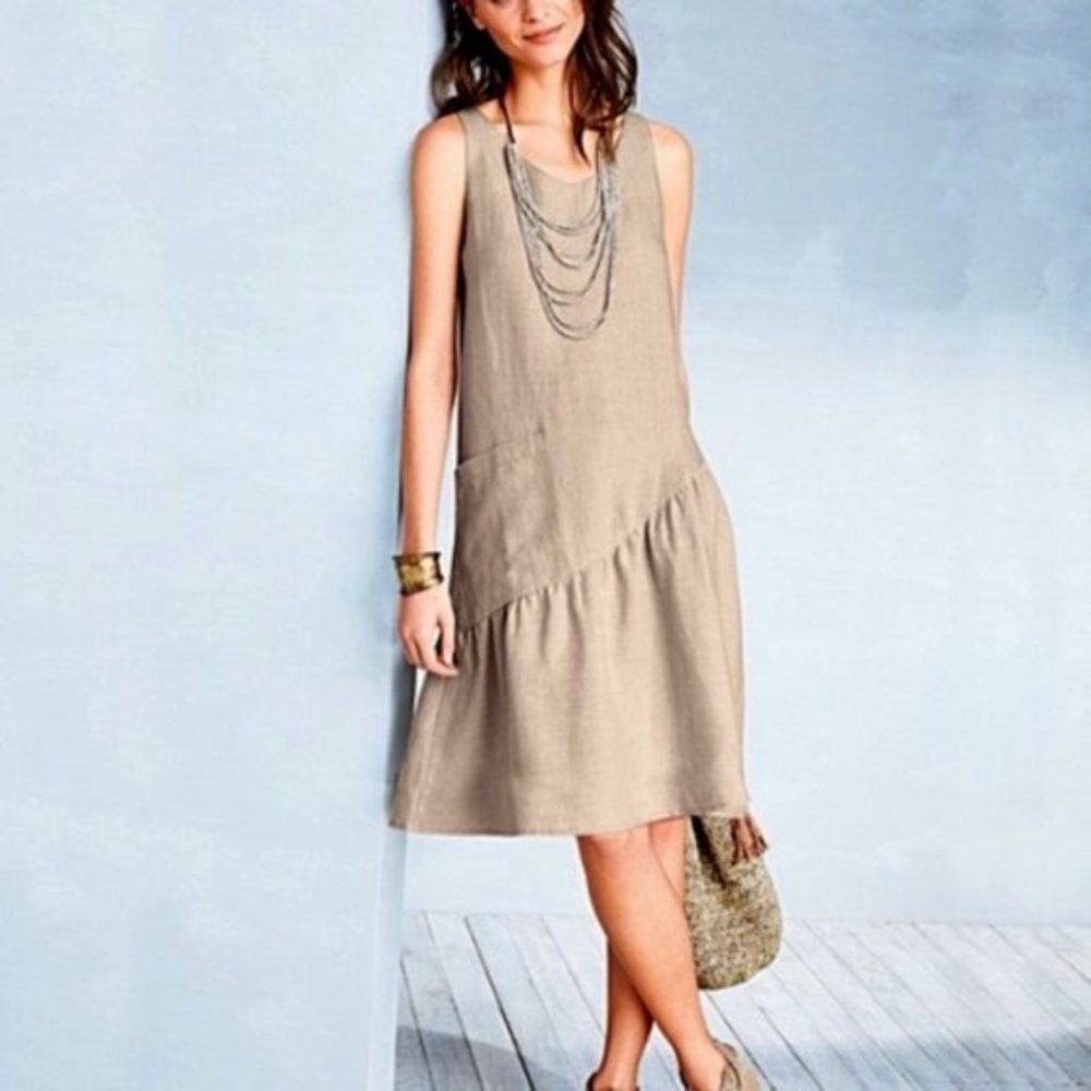 Garnet Hill Beige Sleeveless Linen Dress